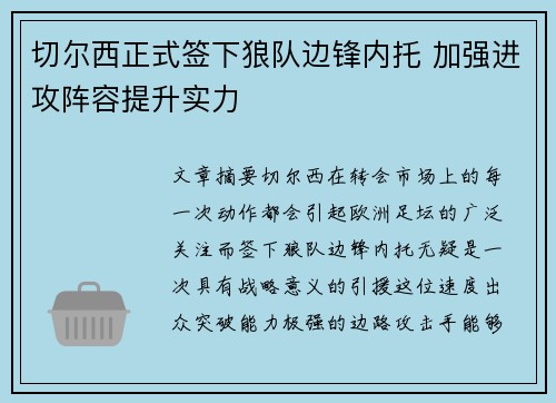 切尔西正式签下狼队边锋内托 加强进攻阵容提升实力