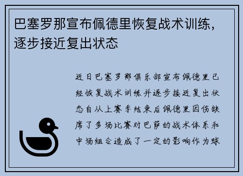 巴塞罗那宣布佩德里恢复战术训练，逐步接近复出状态