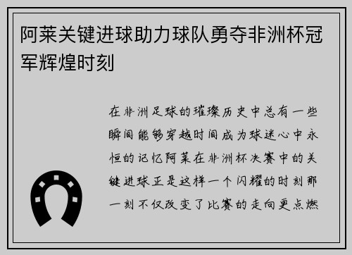 阿莱关键进球助力球队勇夺非洲杯冠军辉煌时刻